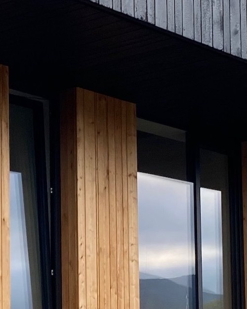 Detail dřevěného obkladu a prosklení — stejná realizace jako na fotografii v pozadí